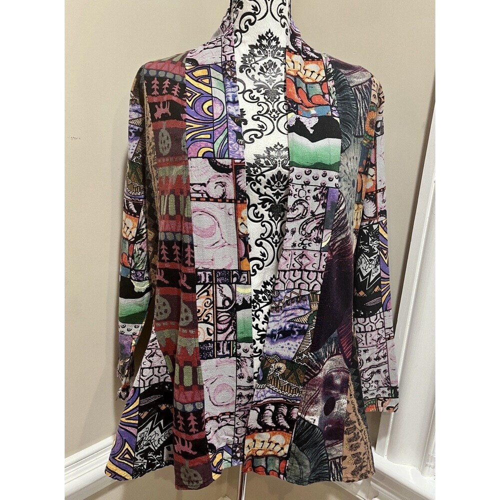 Sacred Threads Patchwork Funky Open Cardigan L/XL HIPPIE BOHO Art To Wear Cotton